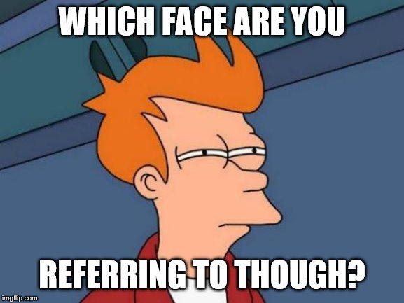 Futurama Fry Meme | WHICH FACE ARE YOU REFERRING TO THOUGH? | image tagged in memes,futurama fry | made w/ Imgflip meme maker