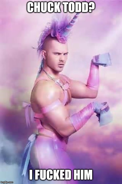 Gay Unicorn | CHUCK TODD? I F**KED HIM | image tagged in gay unicorn | made w/ Imgflip meme maker
