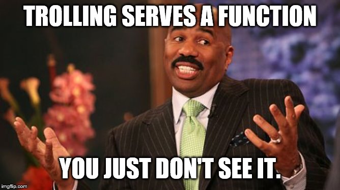 TROLLING SERVES A FUNCTION YOU JUST DON'T SEE IT. | image tagged in memes,steve harvey | made w/ Imgflip meme maker