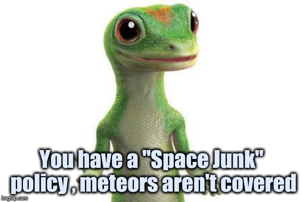Geico  | You have a "Space Junk" policy , meteors aren't covered | image tagged in geico | made w/ Imgflip meme maker