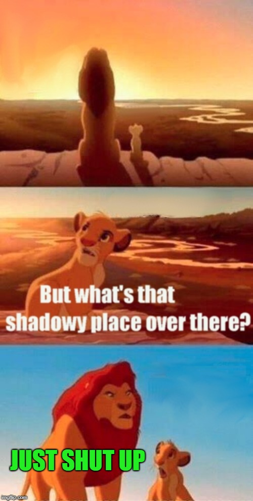 Simba Shadowy Place | JUST SHUT UP | image tagged in memes,simba shadowy place | made w/ Imgflip meme maker