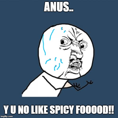 SPICY FOOD! | ANUS.. Y U NO LIKE SPICY FOOOOD!! | image tagged in memes,y u no | made w/ Imgflip meme maker