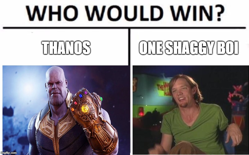choose in the comments who will win! | THANOS; ONE SHAGGY BOI | image tagged in who would win,thanos,shaggy,battle | made w/ Imgflip meme maker