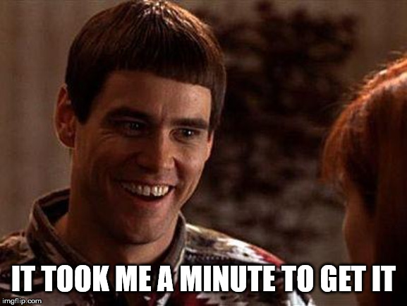 Dumb And Dumber | IT TOOK ME A MINUTE TO GET IT | image tagged in dumb and dumber | made w/ Imgflip meme maker