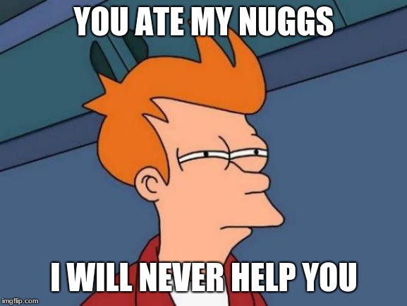 Futurama Fry Meme | YOU ATE MY NUGGS; I WILL NEVER HELP YOU | image tagged in memes,futurama fry | made w/ Imgflip meme maker