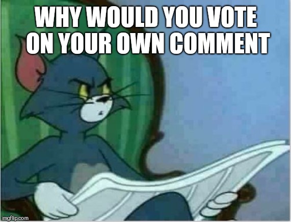 Interrupting Tom's Read | WHY WOULD YOU VOTE ON YOUR OWN COMMENT | image tagged in interrupting tom's read | made w/ Imgflip meme maker