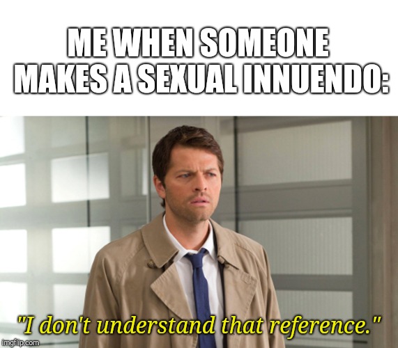 Castiel Confused SSN8 | ME WHEN SOMEONE MAKES A SEXUAL INNUENDO:; "I don't understand that reference." | image tagged in castiel confused ssn8 | made w/ Imgflip meme maker