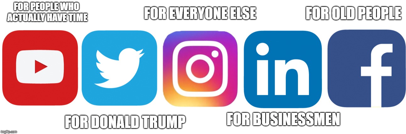 When companies link their socials... | FOR PEOPLE WHO ACTUALLY HAVE TIME; FOR EVERYONE ELSE; FOR OLD PEOPLE; FOR DONALD TRUMP; FOR BUSINESSMEN | image tagged in social media,twitter,instagram,facebook,funny,memes | made w/ Imgflip meme maker