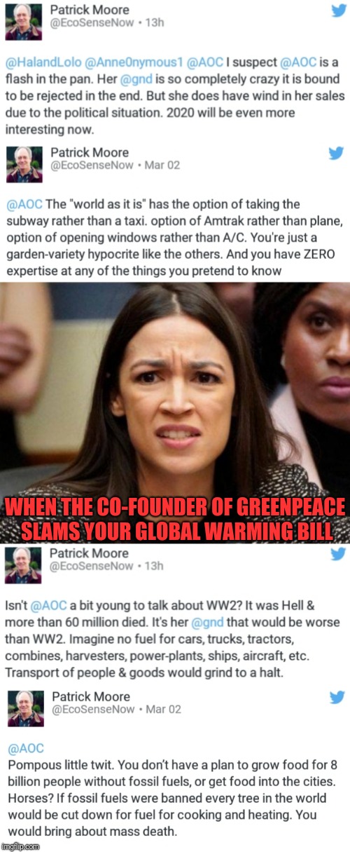 Another Brick in the Wall | WHEN THE CO-FOUNDER OF GREENPEACE SLAMS YOUR GLOBAL WARMING BILL | image tagged in alexandria ocasio-cortez,politics,democrats,green deal,twitter | made w/ Imgflip meme maker