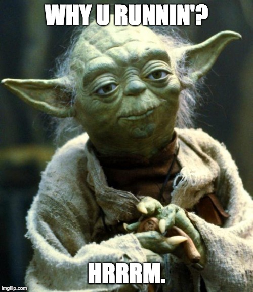 Star Wars Yoda | WHY U RUNNIN'? HRRRM. | image tagged in memes,star wars yoda | made w/ Imgflip meme maker