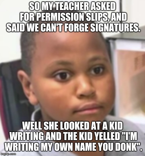 shocked child | SO MY TEACHER ASKED FOR PERMISSION SLIPS, AND SAID WE CAN'T FORGE SIGNATURES. WELL SHE LOOKED AT A KID WRITING AND THE KID YELLED "I'M WRITING MY OWN NAME YOU DONK". | image tagged in shocked child | made w/ Imgflip meme maker
