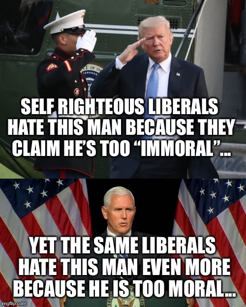 Liberals claim Pence is not a decent man!  Hahahaha!  I shudder to think what kind of men they claim to be “decent”!! | SELF RIGHTEOUS LIBERALS HATE THIS MAN BECAUSE THEY CLAIM HE’S TOO “IMMORAL”... YET THE SAME LIBERALS HATE THIS MAN EVEN MORE BECAUSE HE IS TOO MORAL... | image tagged in maga,trump 2020,donald trump | made w/ Imgflip meme maker