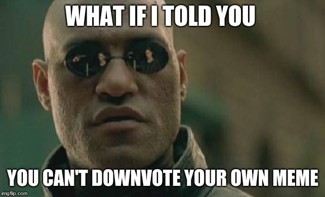  all down votes | WHAT IF I TOLD YOU; YOU CAN'T DOWNVOTE YOUR OWN MEME | image tagged in memes,matrix morpheus | made w/ Imgflip meme maker