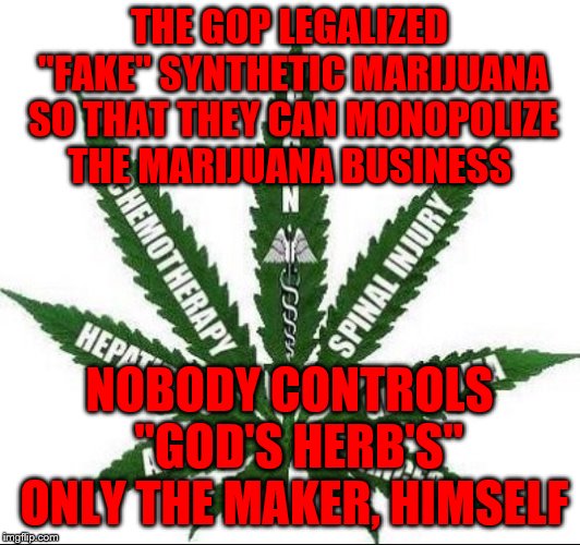 Benefits of Marijuana | THE GOP LEGALIZED "FAKE" SYNTHETIC MARIJUANA SO THAT THEY CAN MONOPOLIZE THE MARIJUANA BUSINESS; NOBODY CONTROLS  "GOD'S HERB'S" ONLY THE MAKER, HIMSELF | image tagged in benefits of marijuana | made w/ Imgflip meme maker