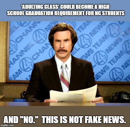 NC State is now offering "Adulting" classes to teach basics that used to be mandatory by middle school students. | 'ADULTING CLASS' COULD BECOME A HIGH SCHOOL GRADUATION REQUIREMENT FOR NC STUDENTS; AND "NO."  THIS IS NOT FAKE NEWS. | image tagged in breaking news,politics,political meme,funny,funny meme | made w/ Imgflip meme maker