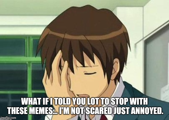 Kyon Face Palm Meme | WHAT IF I TOLD YOU LOT TO STOP WITH THESE MEMES... I'M NOT SCARED JUST ANNOYED. | image tagged in memes,kyon face palm | made w/ Imgflip meme maker