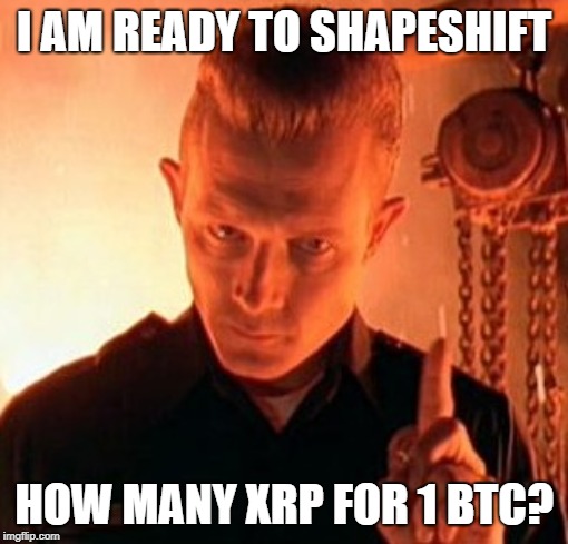 Magic word T-1000 | I AM READY TO SHAPESHIFT; HOW MANY XRP FOR 1 BTC? | image tagged in magic word t-1000 | made w/ Imgflip meme maker