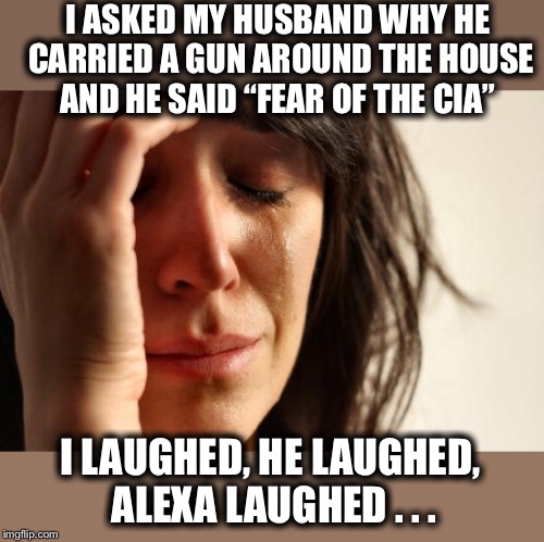 First World Problems | I ASKED MY HUSBAND WHY HE CARRIED A GUN AROUND THE HOUSE AND HE SAID “FEAR OF THE CIA”; I LAUGHED, HE LAUGHED, ALEXA LAUGHED . . . | image tagged in memes,first world problems | made w/ Imgflip meme maker