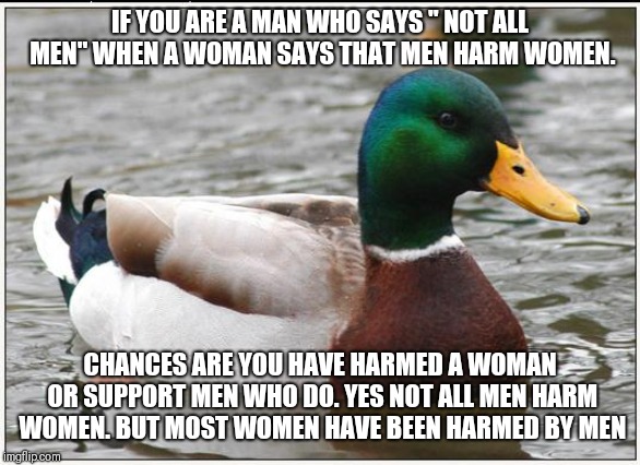 Not all men | IF YOU ARE A MAN WHO SAYS " NOT ALL MEN" WHEN A WOMAN SAYS THAT MEN HARM WOMEN. CHANCES ARE YOU HAVE HARMED A WOMAN OR SUPPORT MEN WHO DO. YES NOT ALL MEN HARM WOMEN. BUT MOST WOMEN HAVE BEEN HARMED BY MEN | image tagged in memes,actual advice mallard,feminism | made w/ Imgflip meme maker