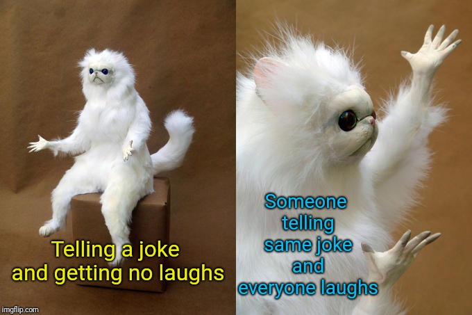 Persian Cat Room Guardian Meme | Someone telling same joke and everyone laughs; Telling a joke and getting no laughs | image tagged in memes,persian cat room guardian | made w/ Imgflip meme maker