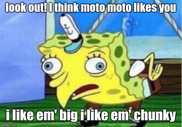 Mocking Spongebob | look out! I think moto moto likes you; i like em' big i like em' chunky | image tagged in memes,mocking spongebob | made w/ Imgflip meme maker