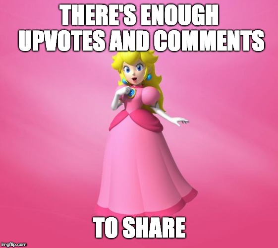 Princess Peach | THERE'S ENOUGH UPVOTES AND COMMENTS TO SHARE | image tagged in princess peach | made w/ Imgflip meme maker