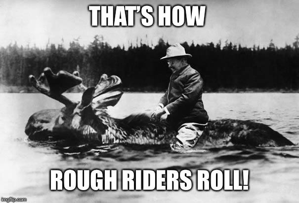Teddy Roosevelt on a Moose | THAT’S HOW; ROUGH RIDERS ROLL! | image tagged in teddy roosevelt on a moose | made w/ Imgflip meme maker