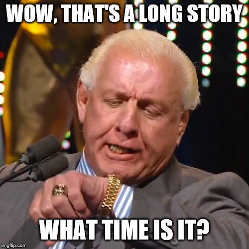 RIC FLAIR LOOKS AT WATCH | WOW, THAT'S A LONG STORY WHAT TIME IS IT? | image tagged in ric flair looks at watch | made w/ Imgflip meme maker