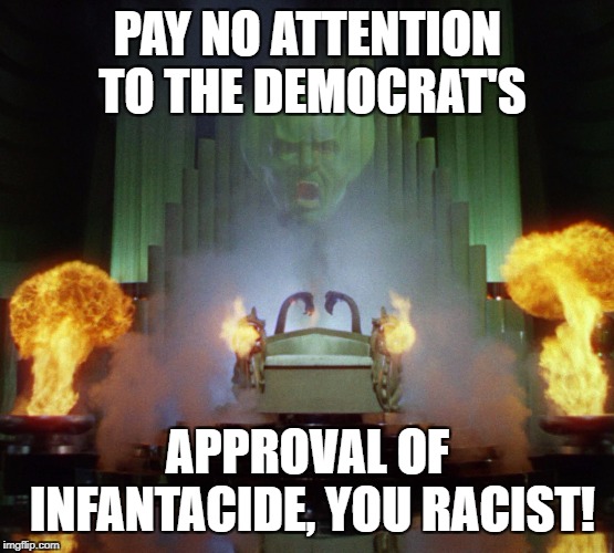 Wizard of Oz Powerful | PAY NO ATTENTION TO THE DEMOCRAT'S; APPROVAL OF INFANTACIDE, YOU RACIST! | image tagged in wizard of oz powerful | made w/ Imgflip meme maker