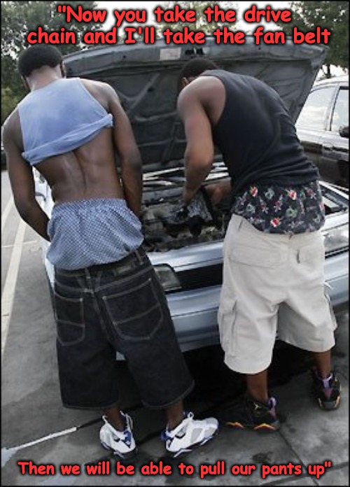 Just let them get on with it... | "Now you take the drive chain and I'll take the fan belt Then we will be able to pull our pants up" | image tagged in low riders,baggy pants,brothers | made w/ Imgflip meme maker