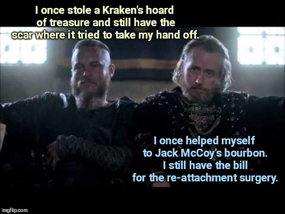 Jack "the Kraken" McCoy  | I once stole a Kraken's hoard of treasure and still have the scar where it tried to take my hand off. I once helped myself to Jack McCoy's bourbon. I still have the bill for the re-attachment surgery. | image tagged in linus roache,vikings,law and order,mike cutter,television humor | made w/ Imgflip meme maker
