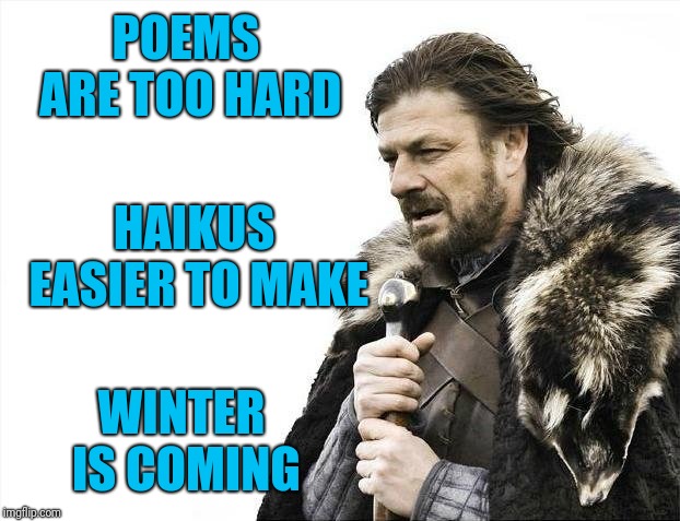 Brace Yourselves X is Coming Meme | POEMS ARE TOO HARD WINTER IS COMING HAIKUS EASIER TO MAKE | image tagged in memes,brace yourselves x is coming | made w/ Imgflip meme maker