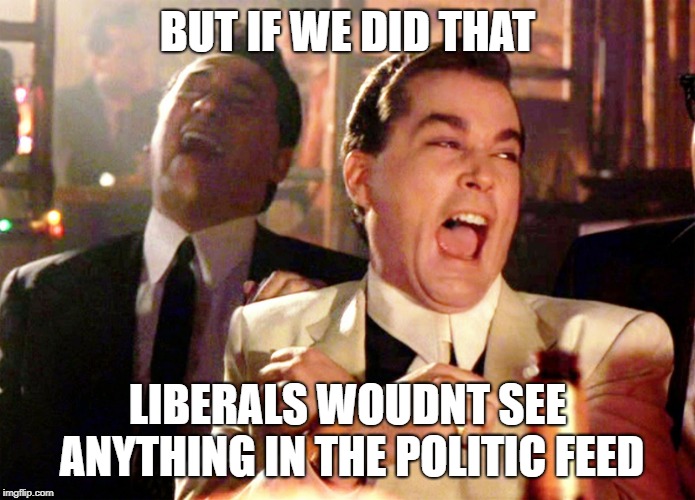 Good Fellas Hilarious Meme | BUT IF WE DID THAT LIBERALS WOUDNT SEE ANYTHING IN THE POLITIC FEED | image tagged in memes,good fellas hilarious | made w/ Imgflip meme maker