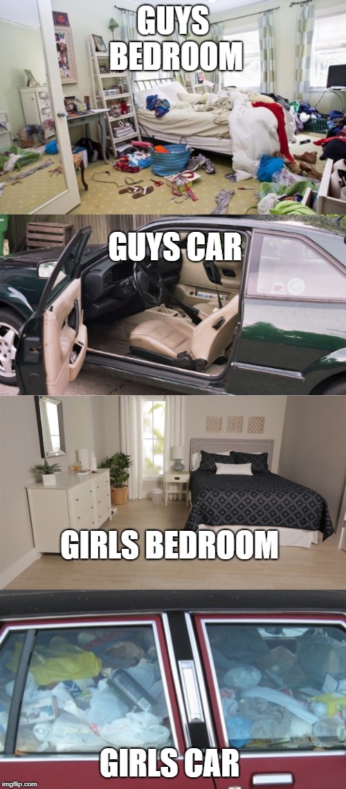 Need to put it somewhere :| |  GUYS BEDROOM; GUYS CAR; GIRLS BEDROOM; GIRLS CAR | image tagged in funny memes | made w/ Imgflip meme maker
