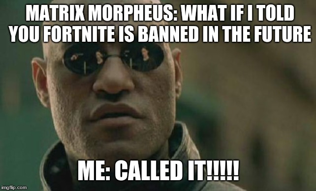 if only it were true...
 | MATRIX MORPHEUS: WHAT IF I TOLD YOU FORTNITE IS BANNED IN THE FUTURE; ME: CALLED IT!!!!! | image tagged in memes,matrix morpheus | made w/ Imgflip meme maker