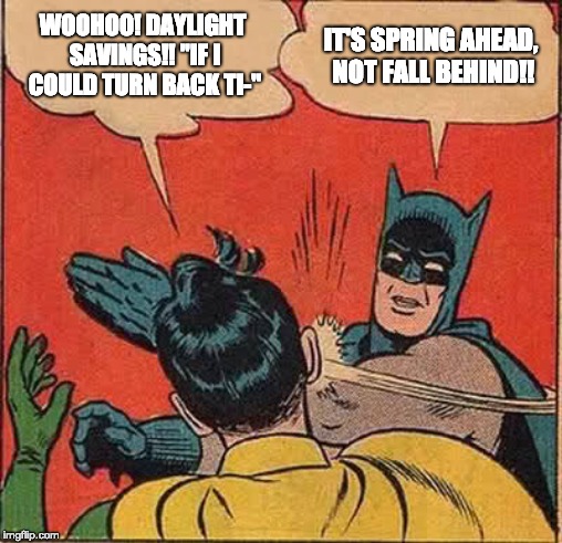 Batman Slapping Robin Meme | WOOHOO! DAYLIGHT SAVINGS!! "IF I COULD TURN BACK TI-"; IT'S SPRING AHEAD, NOT FALL BEHIND!! | image tagged in memes,batman slapping robin | made w/ Imgflip meme maker