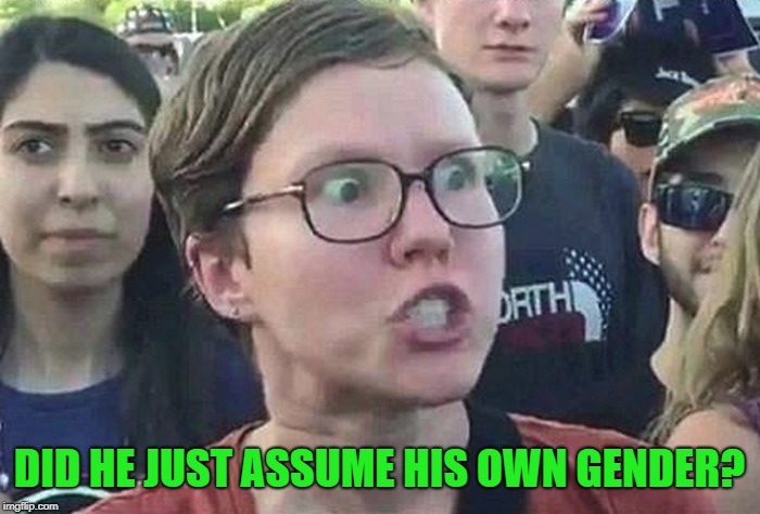 Triggered Liberal | DID HE JUST ASSUME HIS OWN GENDER? | image tagged in triggered liberal | made w/ Imgflip meme maker
