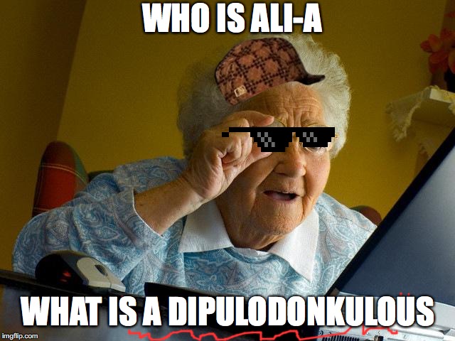 Grandma Finds The Internet Meme | WHO IS ALI-A; WHAT IS A DIPULODONKULOUS | image tagged in memes,grandma finds the internet | made w/ Imgflip meme maker