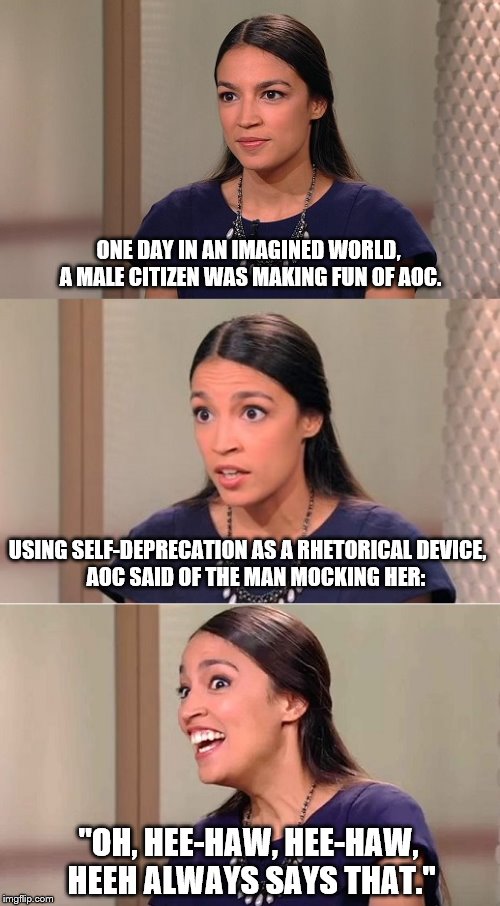 Bad Pun Ocasio-Cortez | ONE DAY IN AN IMAGINED WORLD, A MALE CITIZEN WAS MAKING FUN OF AOC. USING SELF-DEPRECATION AS A RHETORICAL DEVICE,           AOC SAID OF THE | image tagged in bad pun ocasio-cortez | made w/ Imgflip meme maker