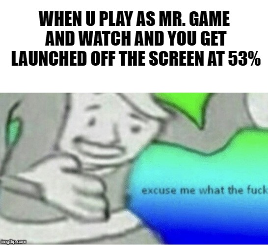 Excuse me wtf blank template | WHEN U PLAY AS MR. GAME AND WATCH AND YOU GET LAUNCHED OFF THE SCREEN AT 53% | image tagged in excuse me wtf blank template | made w/ Imgflip meme maker