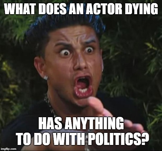 DJ Pauly D Meme | WHAT DOES AN ACTOR DYING HAS ANYTHING TO DO WITH POLITICS? | image tagged in memes,dj pauly d | made w/ Imgflip meme maker