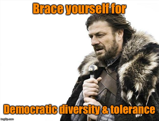 Brace Yourselves X is Coming Meme | Brace yourself for Democratic diversity & tolerance | image tagged in memes,brace yourselves x is coming | made w/ Imgflip meme maker