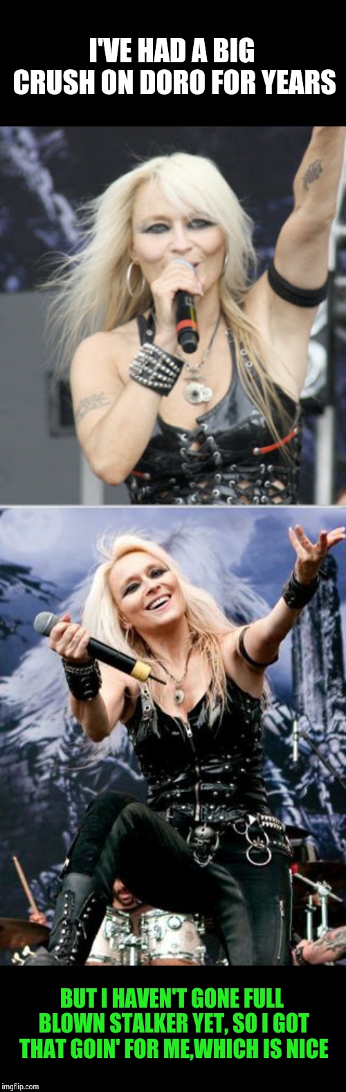 Mein Herzblut | I'VE HAD A BIG CRUSH ON DORO FOR YEARS; BUT I HAVEN'T GONE FULL BLOWN STALKER YET, SO I GOT THAT GOIN' FOR ME,WHICH IS NICE | image tagged in doro,doro pesch,memes,heavy metal | made w/ Imgflip meme maker