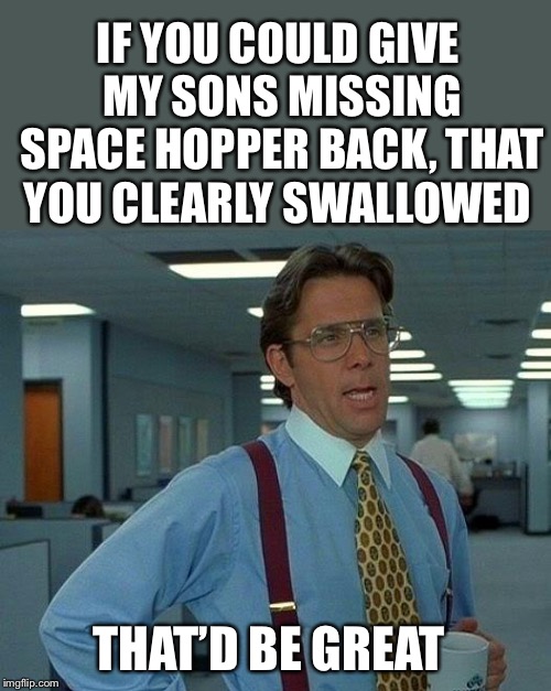 That Would Be Great Meme | IF YOU COULD GIVE MY SONS MISSING SPACE HOPPER BACK, THAT YOU CLEARLY SWALLOWED THAT’D BE GREAT | image tagged in memes,that would be great | made w/ Imgflip meme maker