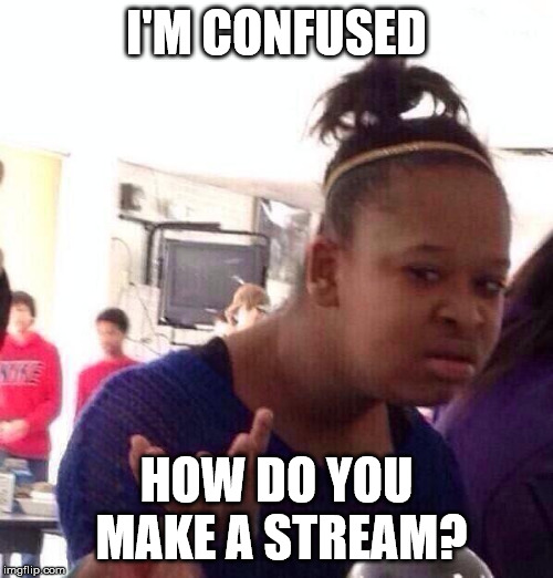 I've seen many different streams, but I don't know how to make one. How? | I'M CONFUSED; HOW DO YOU MAKE A STREAM? | image tagged in memes,black girl wat | made w/ Imgflip meme maker