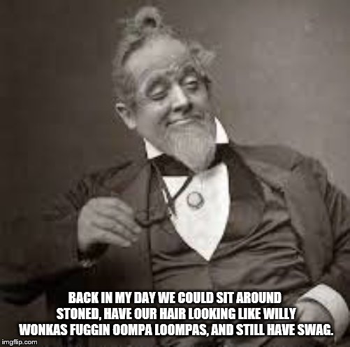 back in my day | BACK IN MY DAY WE COULD SIT AROUND STONED, HAVE OUR HAIR LOOKING LIKE WILLY WONKAS FUGGIN OOMPA LOOMPAS, AND STILL HAVE SWAG. | image tagged in back in my day | made w/ Imgflip meme maker