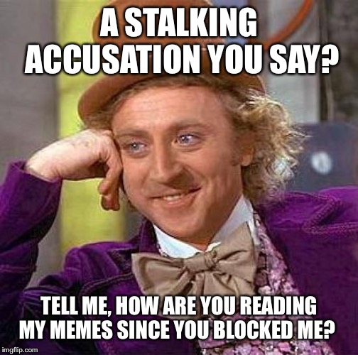 Creepy Condescending Wonka | A STALKING ACCUSATION YOU SAY? TELL ME, HOW ARE YOU READING MY MEMES SINCE YOU BLOCKED ME? | image tagged in memes,creepy condescending wonka | made w/ Imgflip meme maker