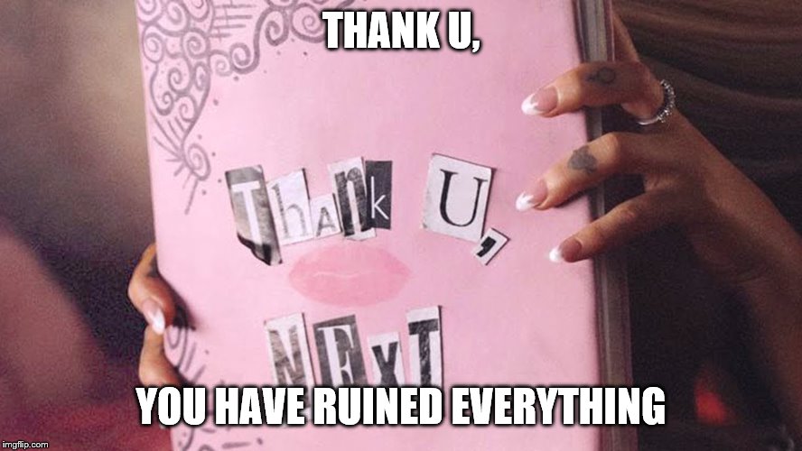 thank u, next | THANK U, YOU HAVE RUINED EVERYTHING | image tagged in thank u next | made w/ Imgflip meme maker