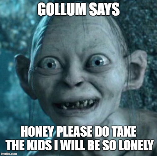 Gollum | GOLLUM SAYS; HONEY PLEASE DO TAKE THE KIDS I WILL BE SO LONELY | image tagged in memes,gollum | made w/ Imgflip meme maker