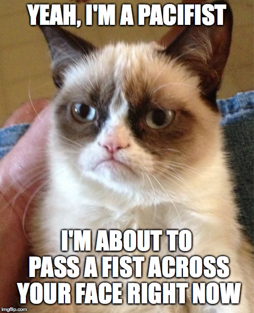 Peace out! | YEAH, I'M A PACIFIST; I'M ABOUT TO PASS A FIST ACROSS YOUR FACE RIGHT NOW | image tagged in memes,grumpy cat,funny,pacifism,fist,memelord344 | made w/ Imgflip meme maker